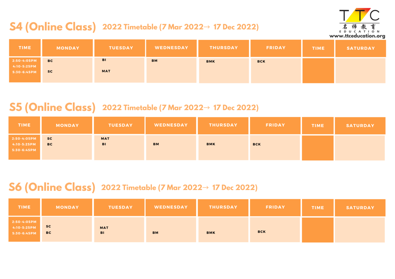 Primary Tuition Timetable Ttc Education