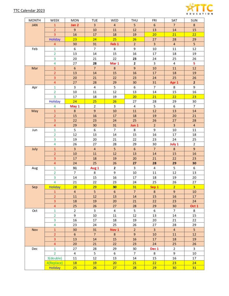 TTC CALENDAR - TTC EDUCATION